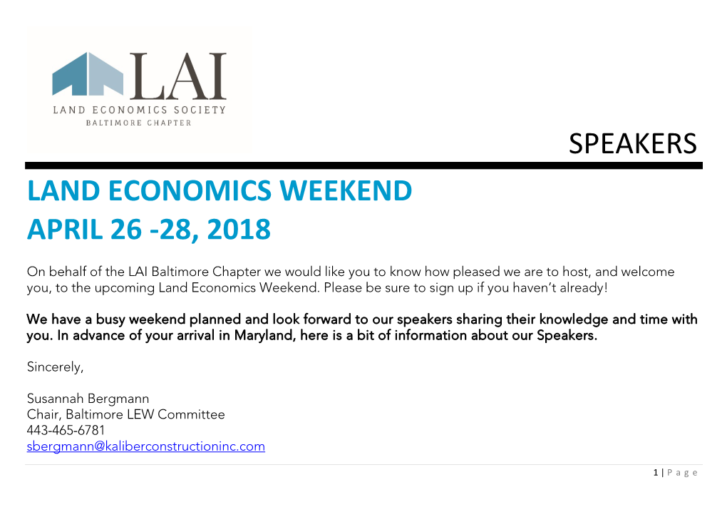 Speakers Land Economics Weekend April 26 -28, 2018