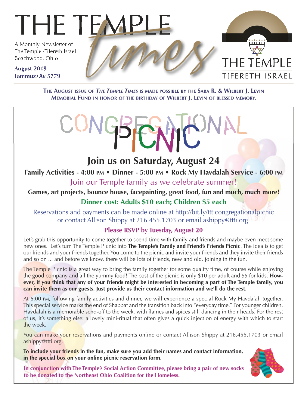 THE TEMPLE a Monthly Newsletter of the Templ E -Tifereth Israel Beachwood, Ohio August 2019 the TEMPL E Tammu Z/ Av 5779 TIFERET H ISRAEL