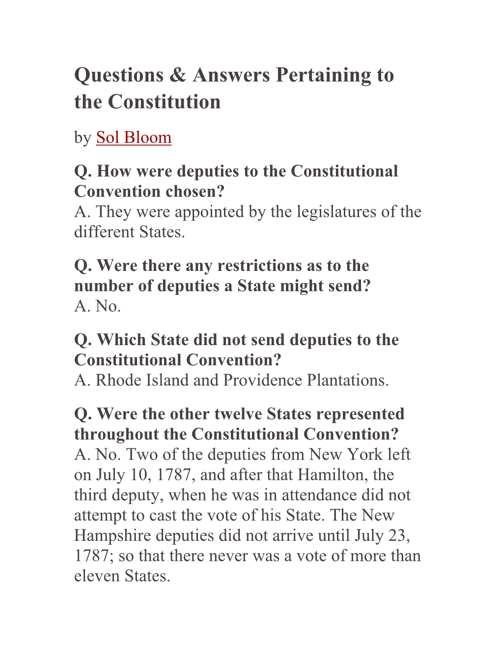 Questions & Answers Pertaining to the Constitution
