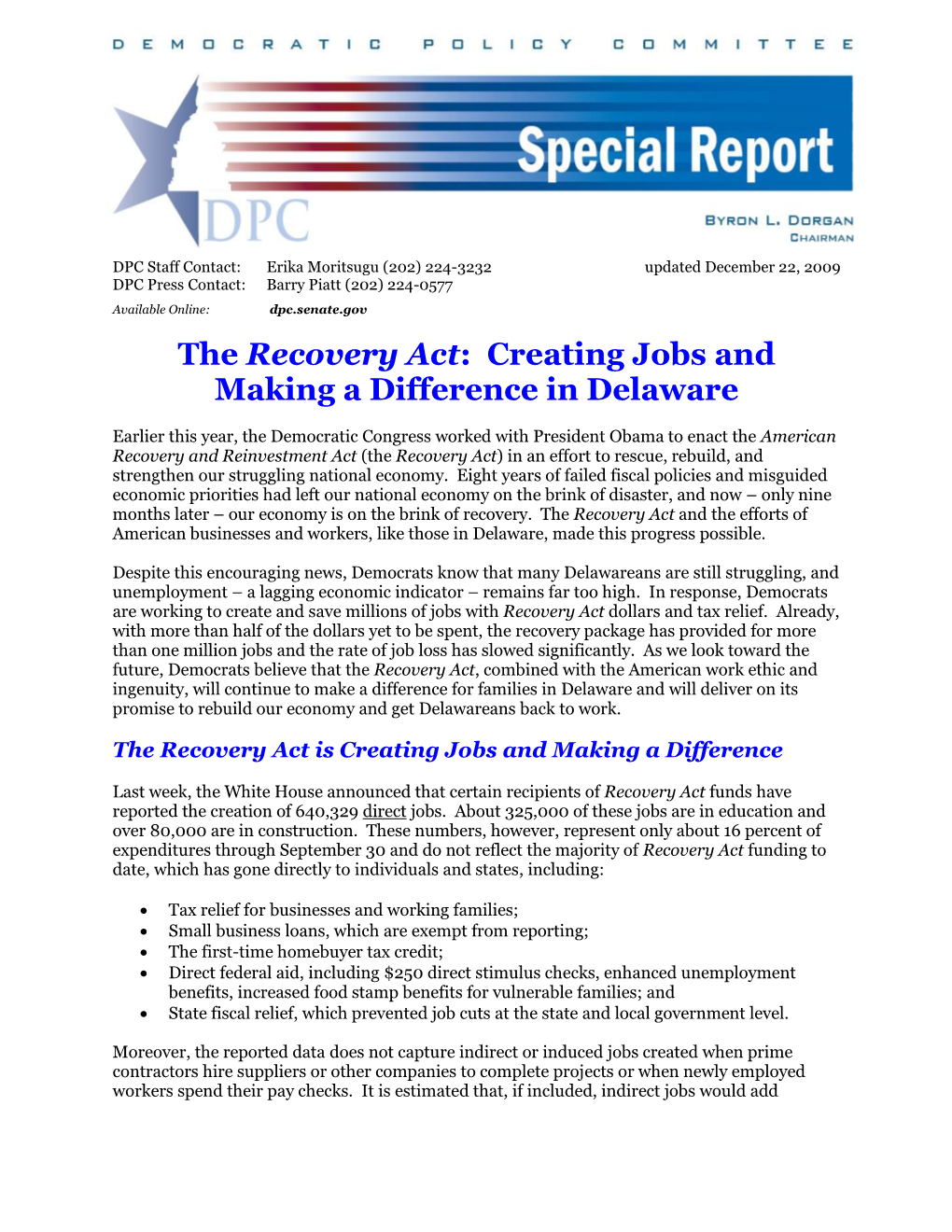 The Recovery Act: Creating Jobs and Making a Difference in Delaware