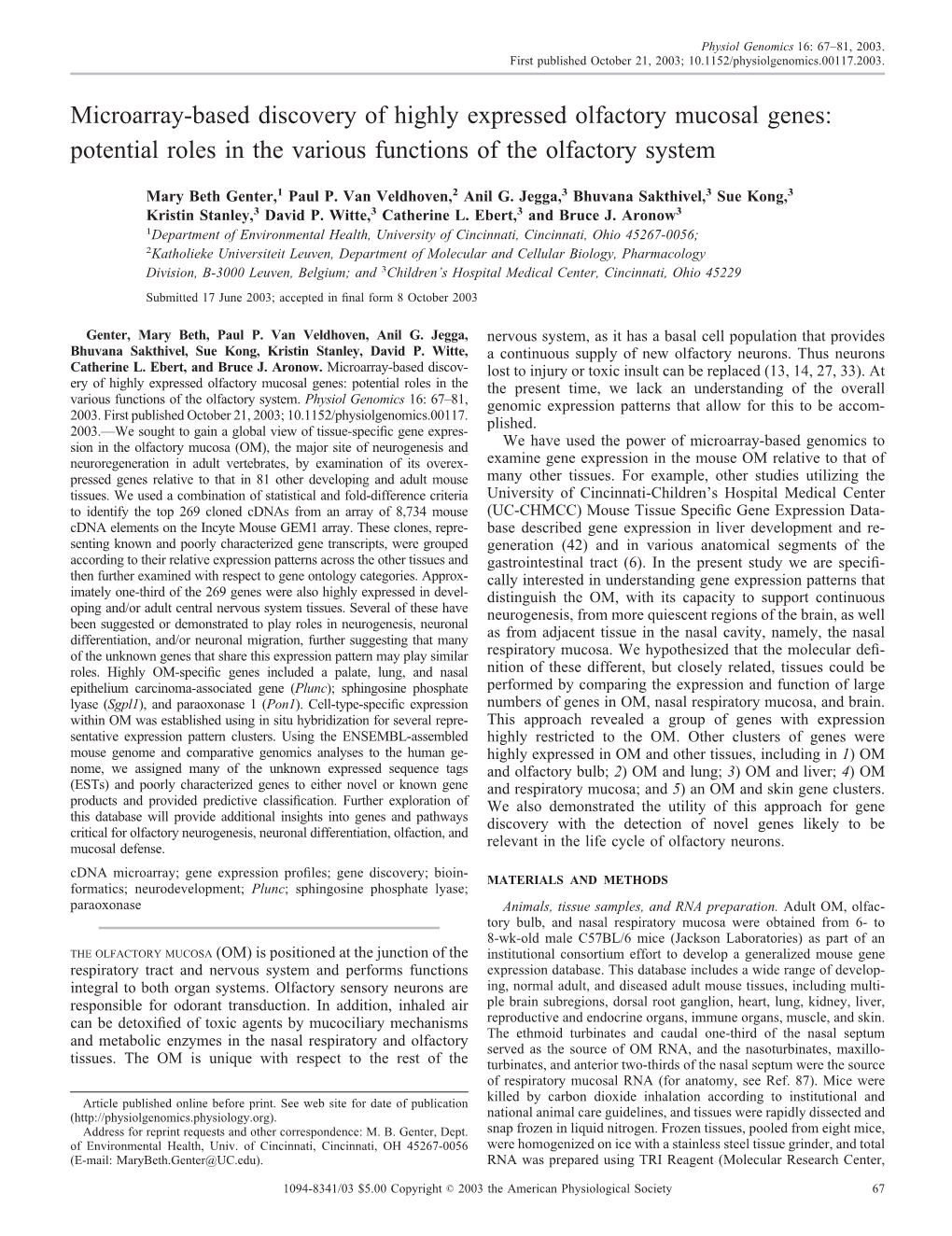 Microarray-Based Discovery of Highly Expressed Olfactory Mucosal Genes: Potential Roles in the Various Functions of the Olfactory System