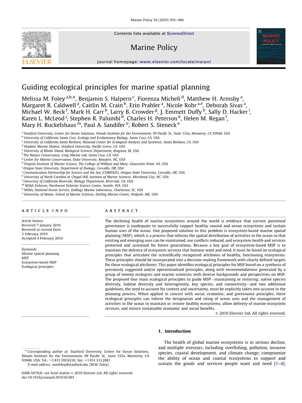 Guiding Ecological Principles for Marine Spatial Planning