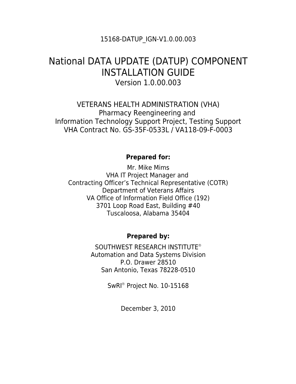 National DATA UPDATE (DATUP) COMPONENT