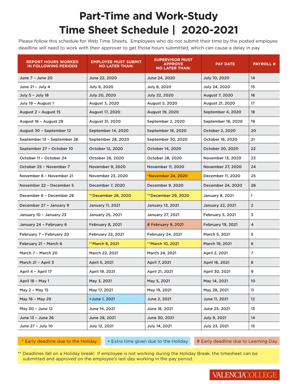 Part-Time Hourly & Work Study Time Sheet Schedule 2020-2021