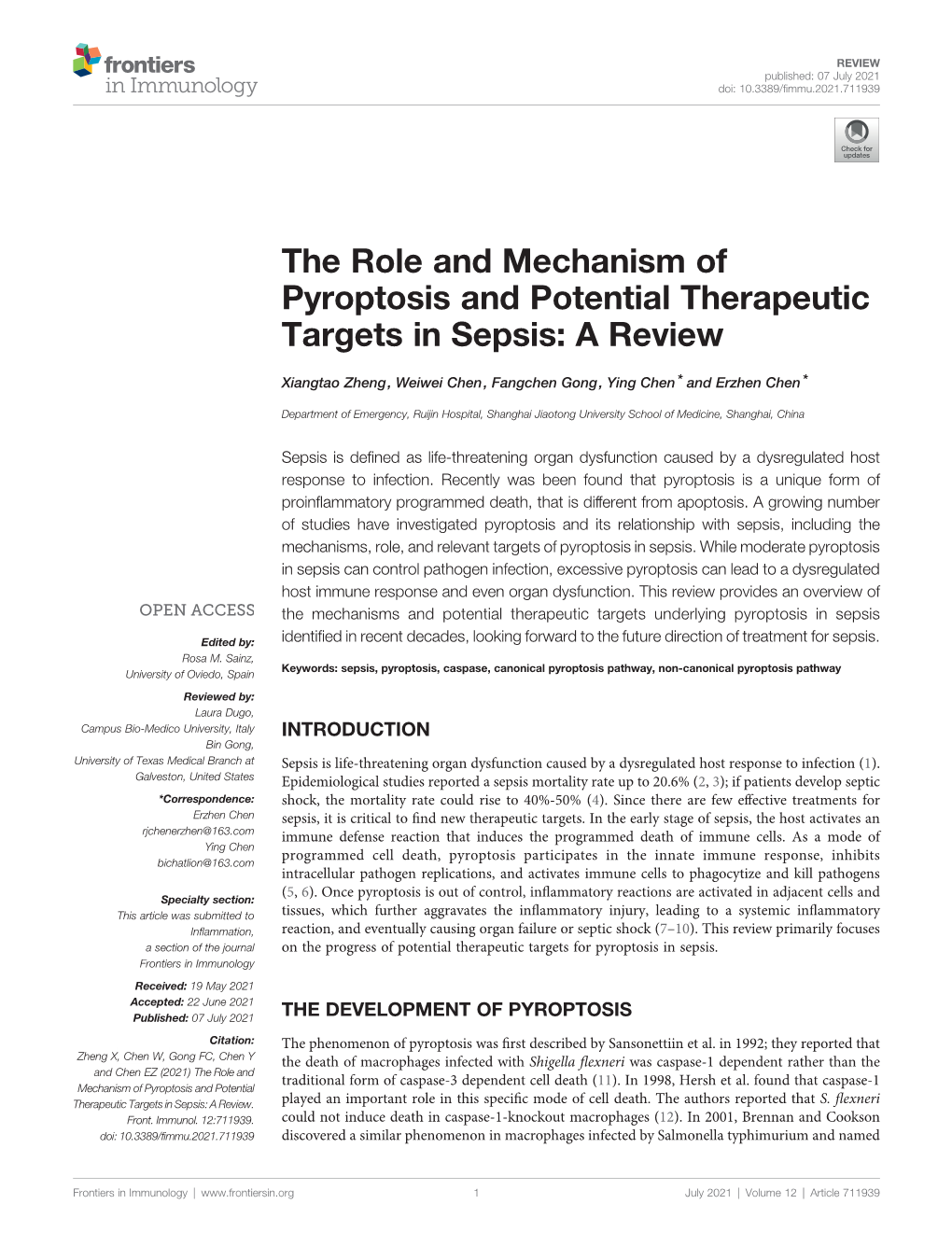 The Role and Mechanism of Pyroptosis and Potential Therapeutic Targets in Sepsis: a Review