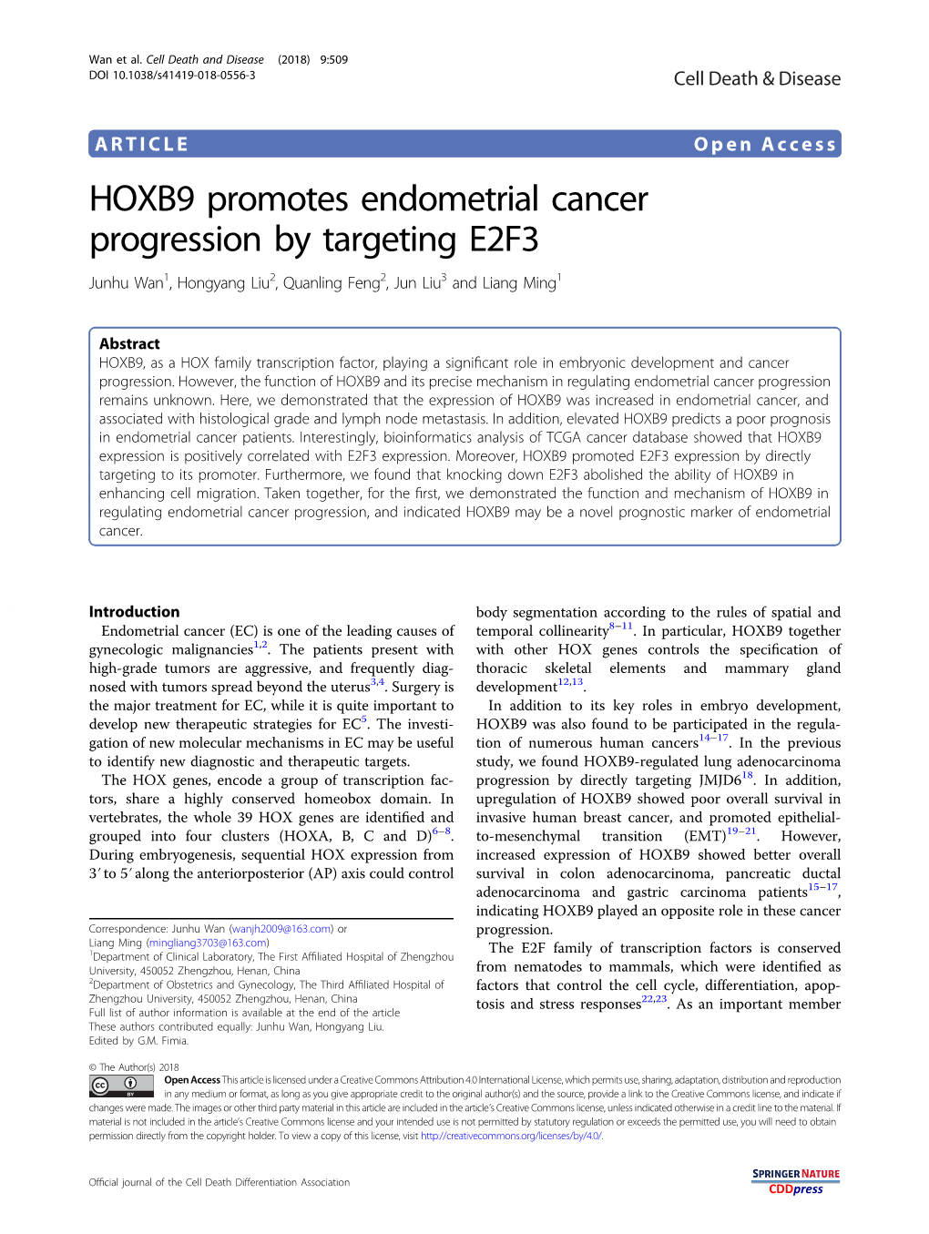 HOXB9 Promotes Endometrial Cancer Progression by Targeting E2F3 Junhu Wan1,Hongyangliu2, Quanling Feng2,Junliu3 and Liang Ming1