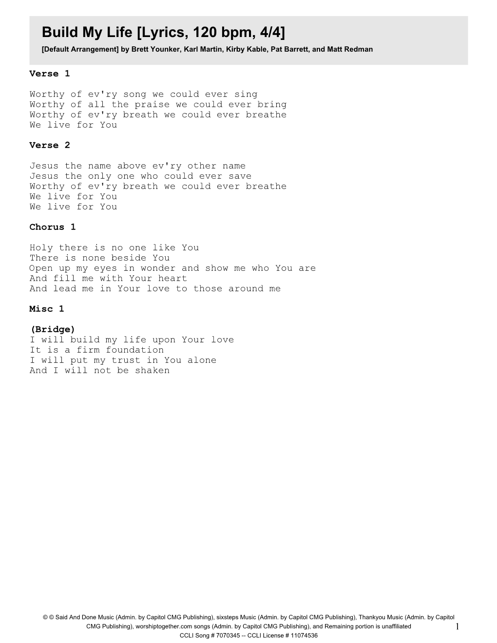 Build My Life [Lyrics, 120 Bpm, 4/4] [Default Arrangement] by Brett Younker, Karl Martin, Kirby Kable, Pat Barrett, and Matt Redman