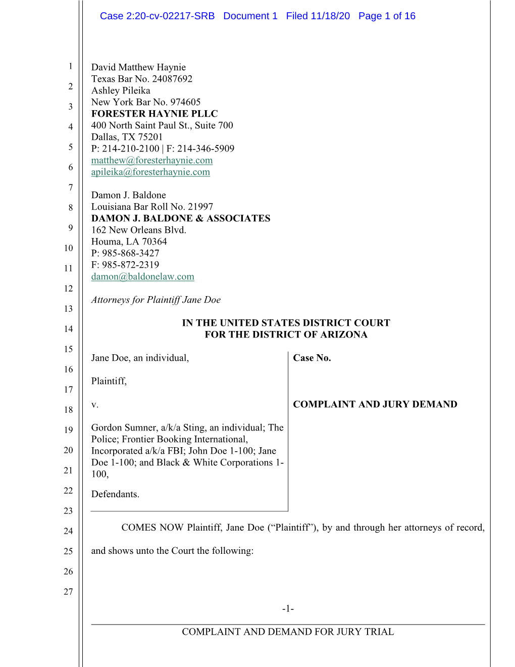 Read the Rape Accusation Lawsuit Against Sting (Pdf)