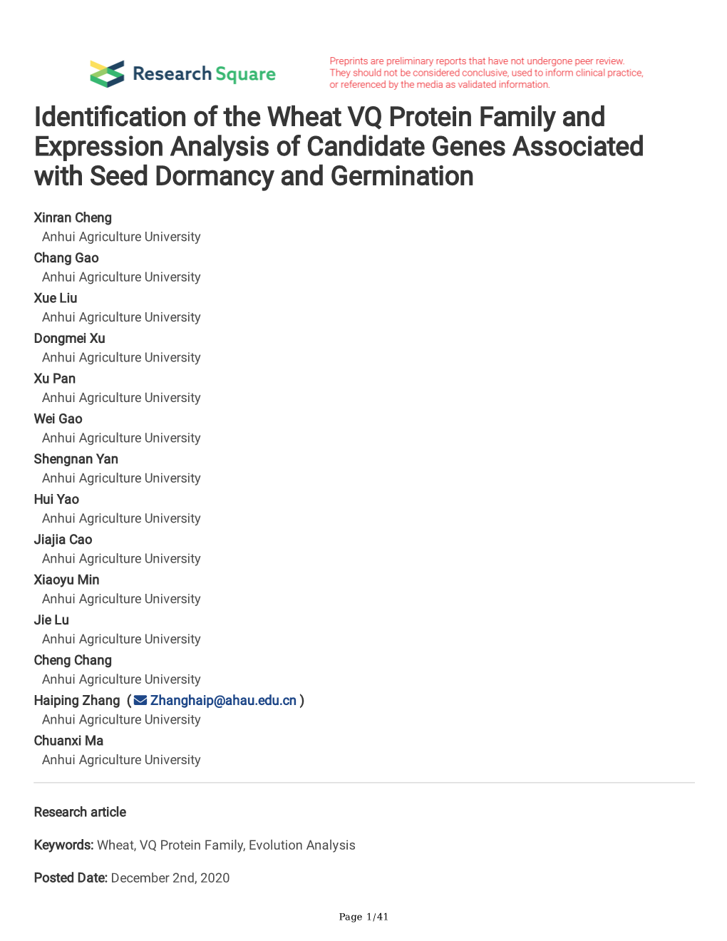 Identi Cation of the Wheat VQ Protein Family and Expression Analysis Of