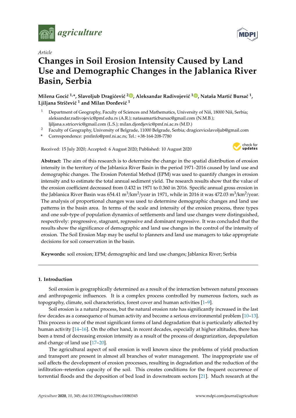 Changes in Soil Erosion Intensity Caused by Land Use and Demographic Changes in the Jablanica River Basin, Serbia