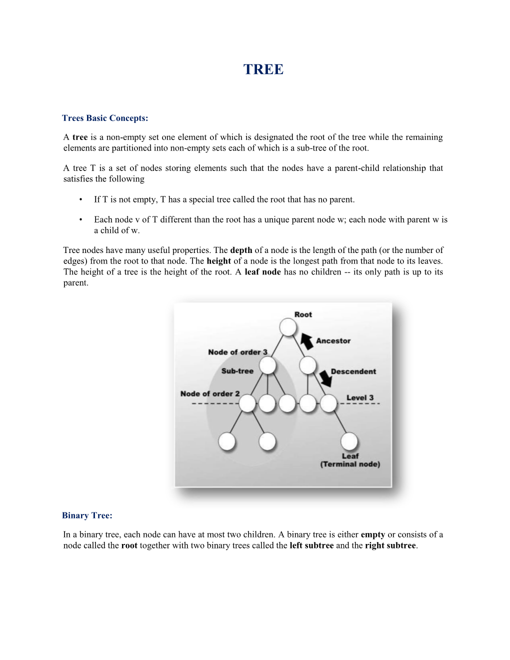 Trees Basic Concepts: a Tree Is a Non-Empty Set One Element Of