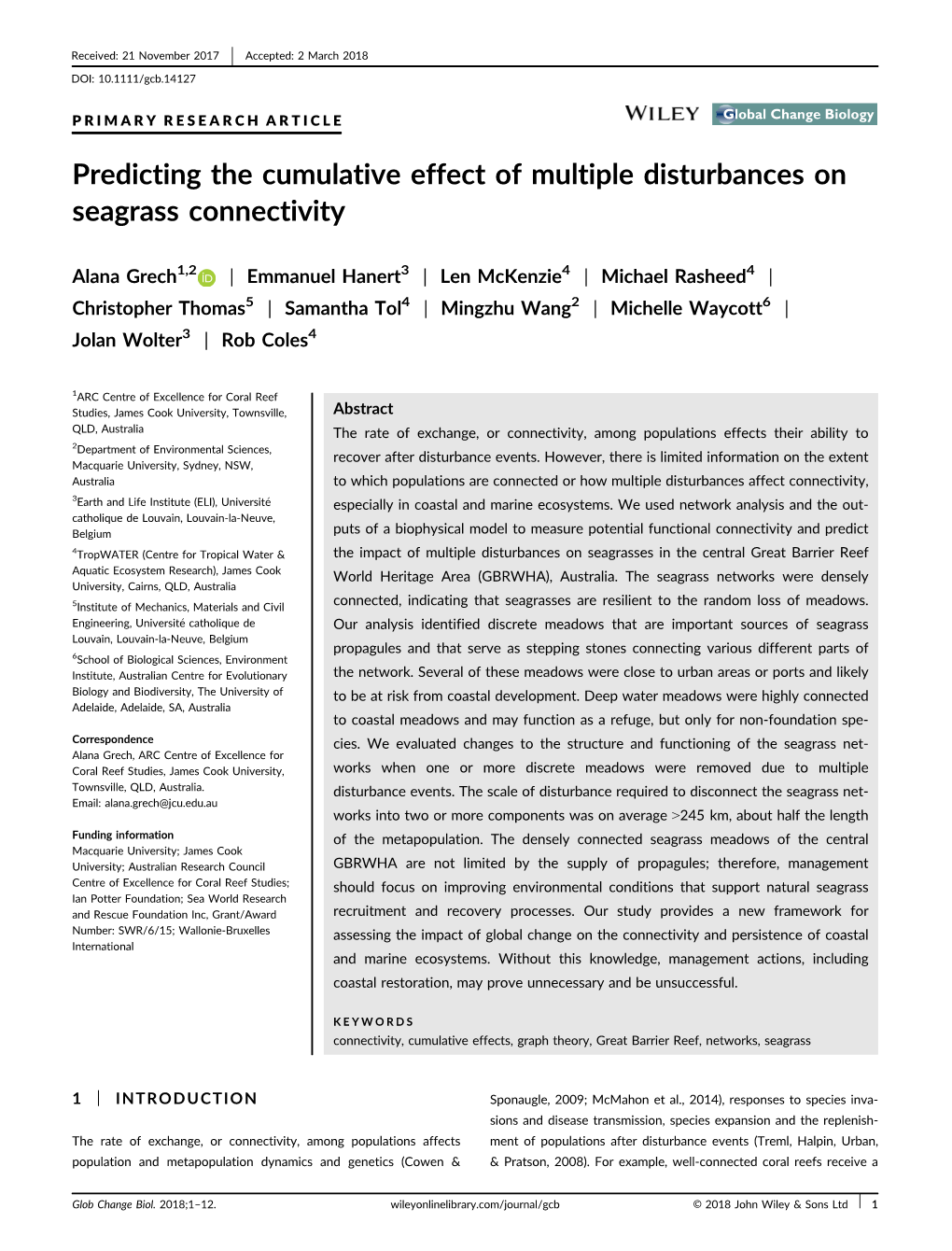 Predicting the Cumulative Effect of Multiple Disturbances on Seagrass Connectivity