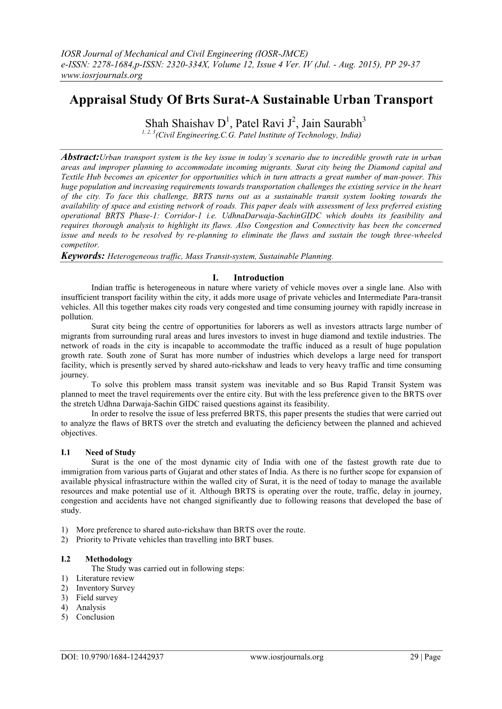 Appraisal Study of Brts Surat-A Sustainable Urban Transport