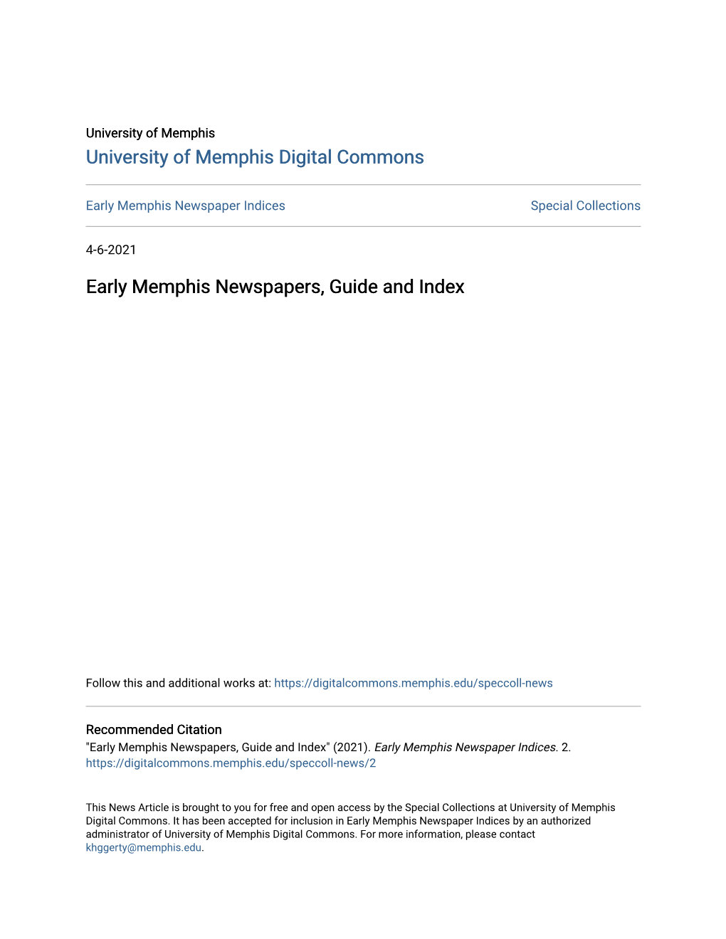 Early Memphis Newspapers, Guide and Index