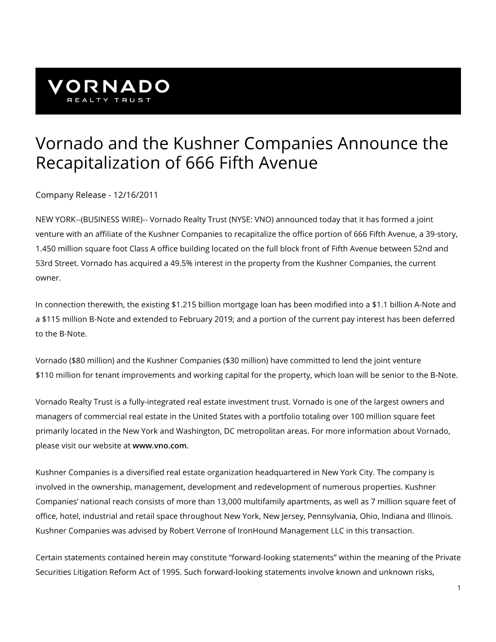 Vornado and the Kushner Companies Announce the Recapitalization of 666 Fifth Avenue