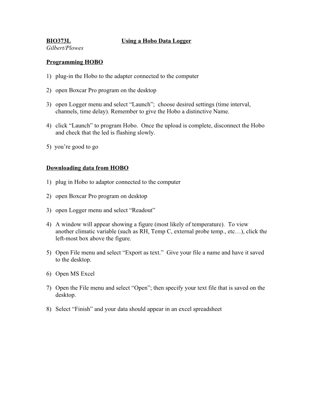 BIO373L Using a Hobo Data Logger
