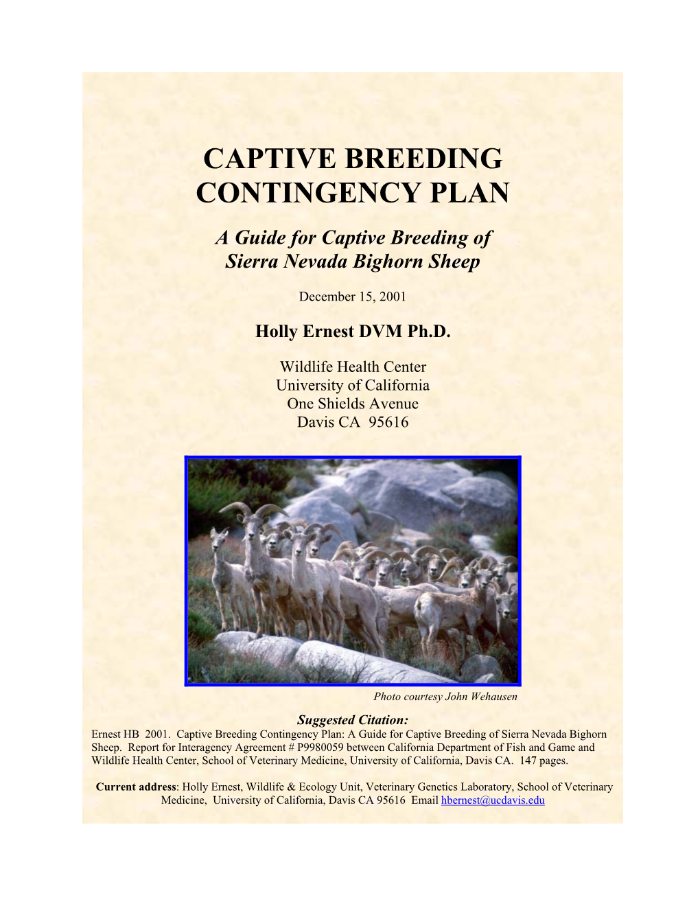 A Guide for Captive Breeding of Sierra Nevada Bighorn Sheep