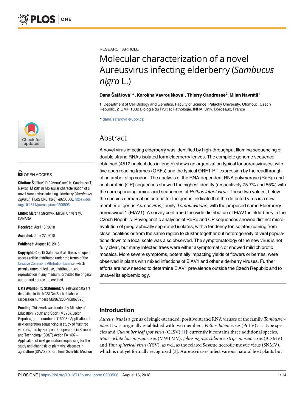 Molecular Characterization of a Novel Aureusvirus Infecting Elderberry (Sambucus Nigra L.)