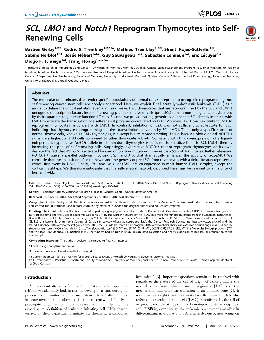 SCL, LMO1 and Notch1 Reprogram Thymocytes Into Self- Renewing Cells