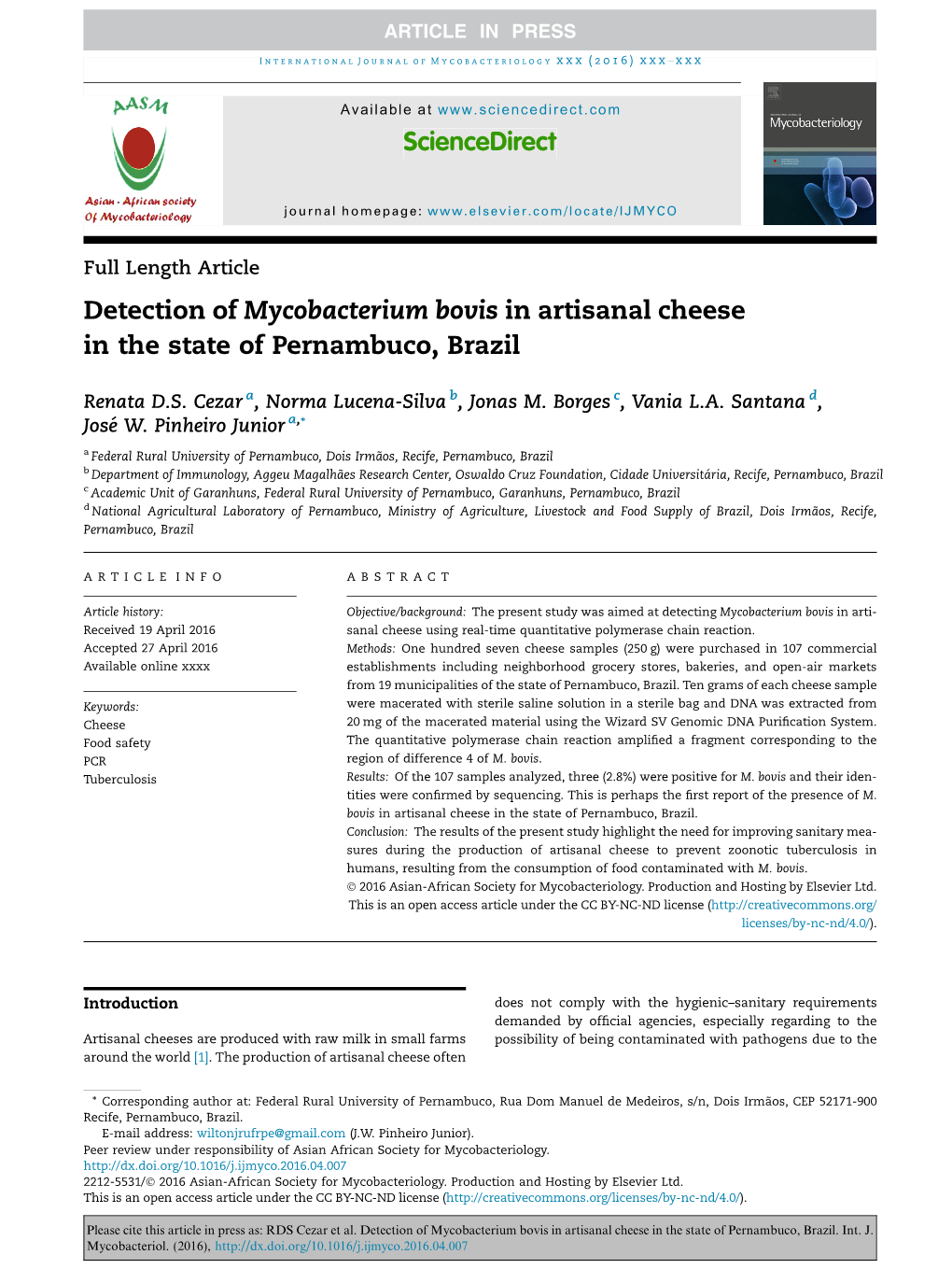 Detection of Mycobacterium Bovis in Artisanal Cheese in the State of Pernambuco, Brazil