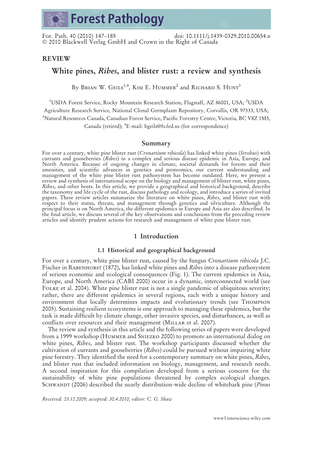 White Pines, Ribes, and Blister Rust: a Review and Synthesis