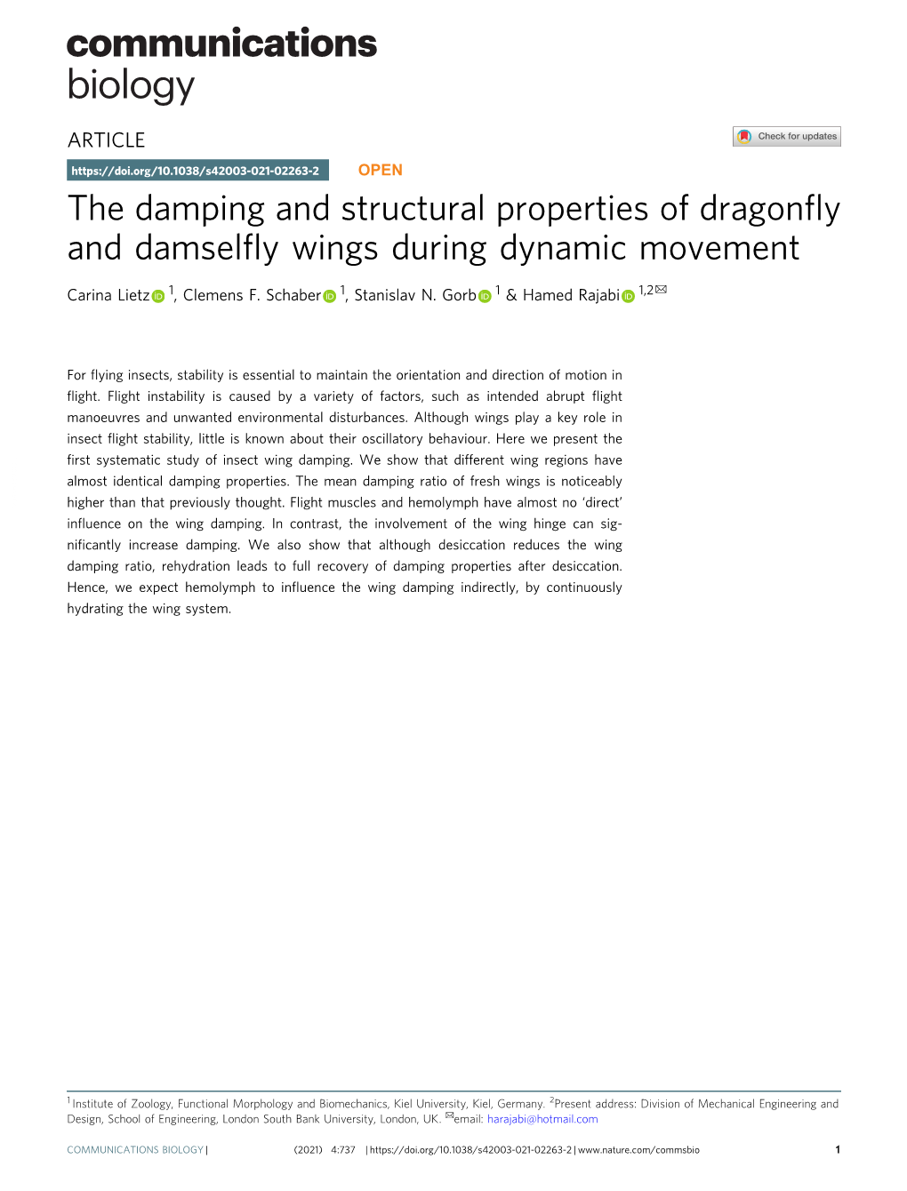 The Damping and Structural Properties of Dragonfly and Damselfly Wings During Dynamic Movement