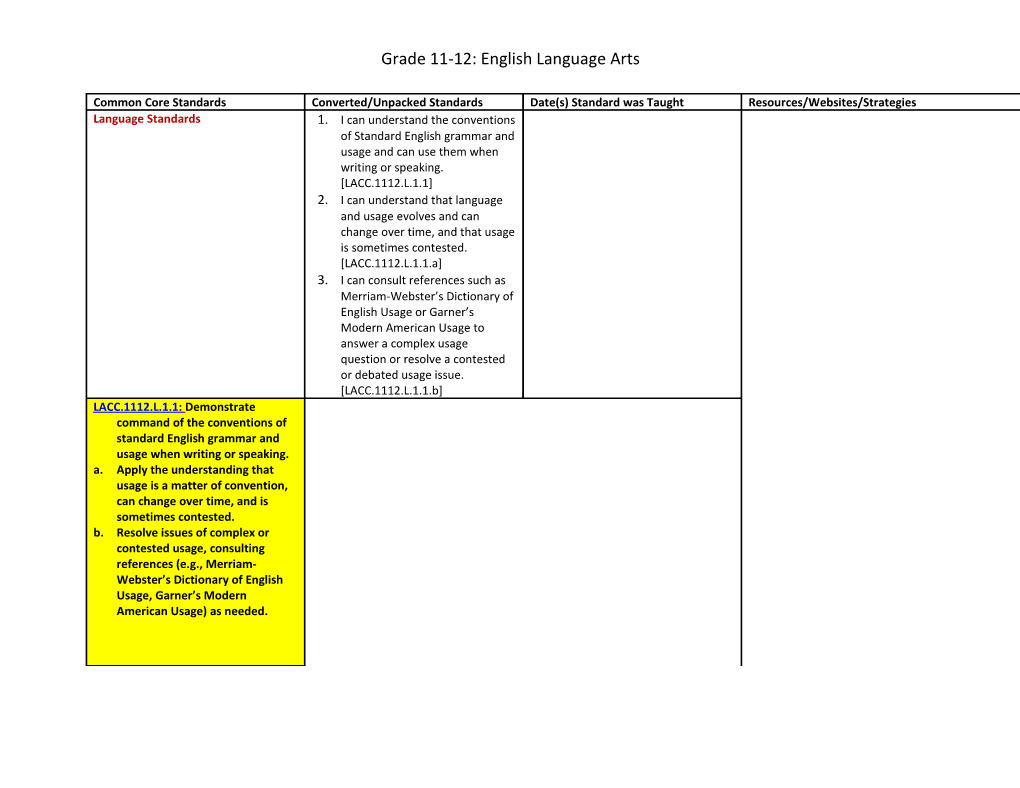 Grade 11-12: English Language Arts