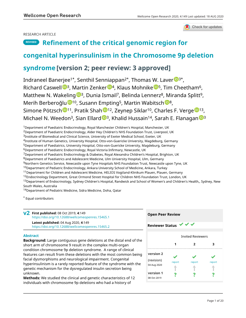 Refinement of the Critical Genomic Region for Congenital Hyperinsulinism in the Chromosome 9P Deletion Syndrome [Version 2; Peer Review: 3 Approved]