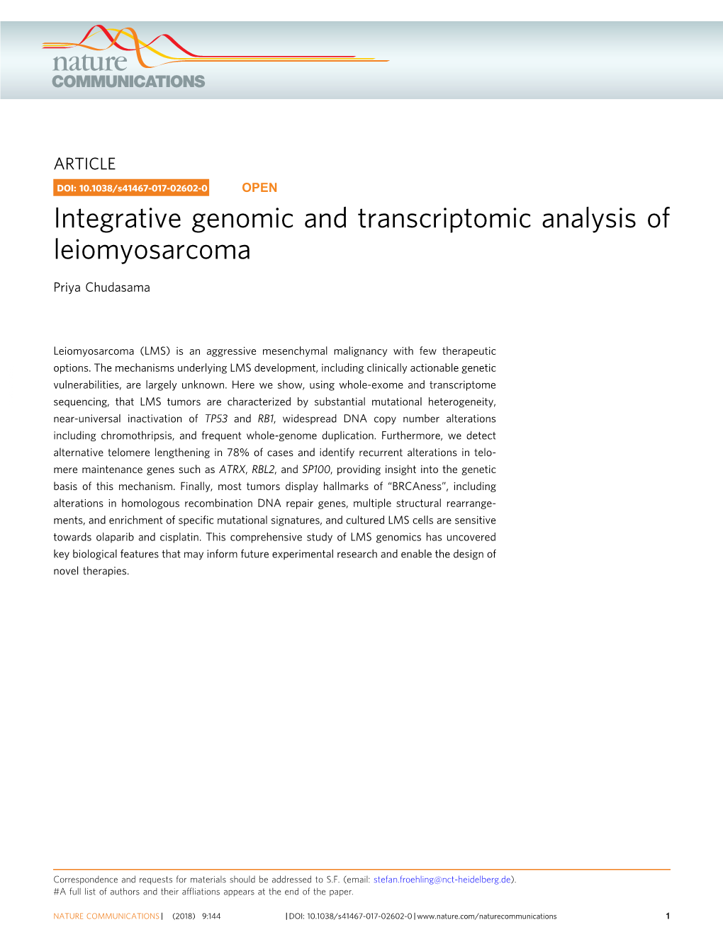 Integrative Genomic and Transcriptomic Analysis of Leiomyosarcoma