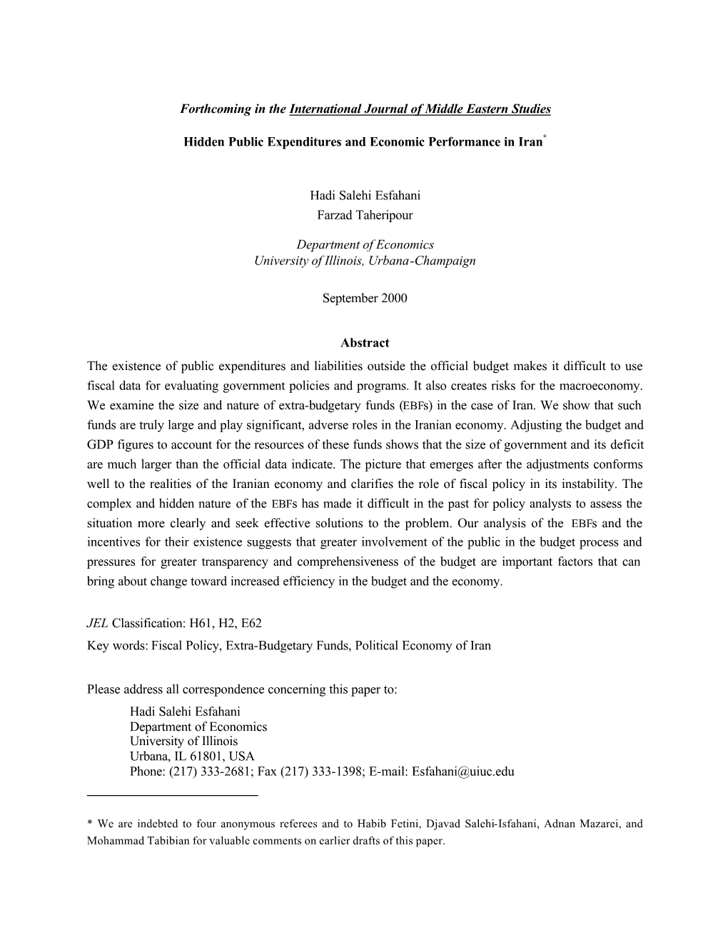 Hidden Public Expenditures and Economic Performance in Iran*