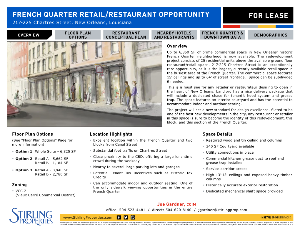 FRENCH QUARTER RETAIL/RESTAURANT OPPORTUNITY for LEASE 217-225 Chartres Street, New Orleans, Louisiana