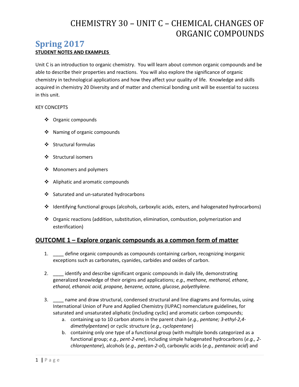 Chemistry 30 Unit C Chemical Changes of Organic Compounds