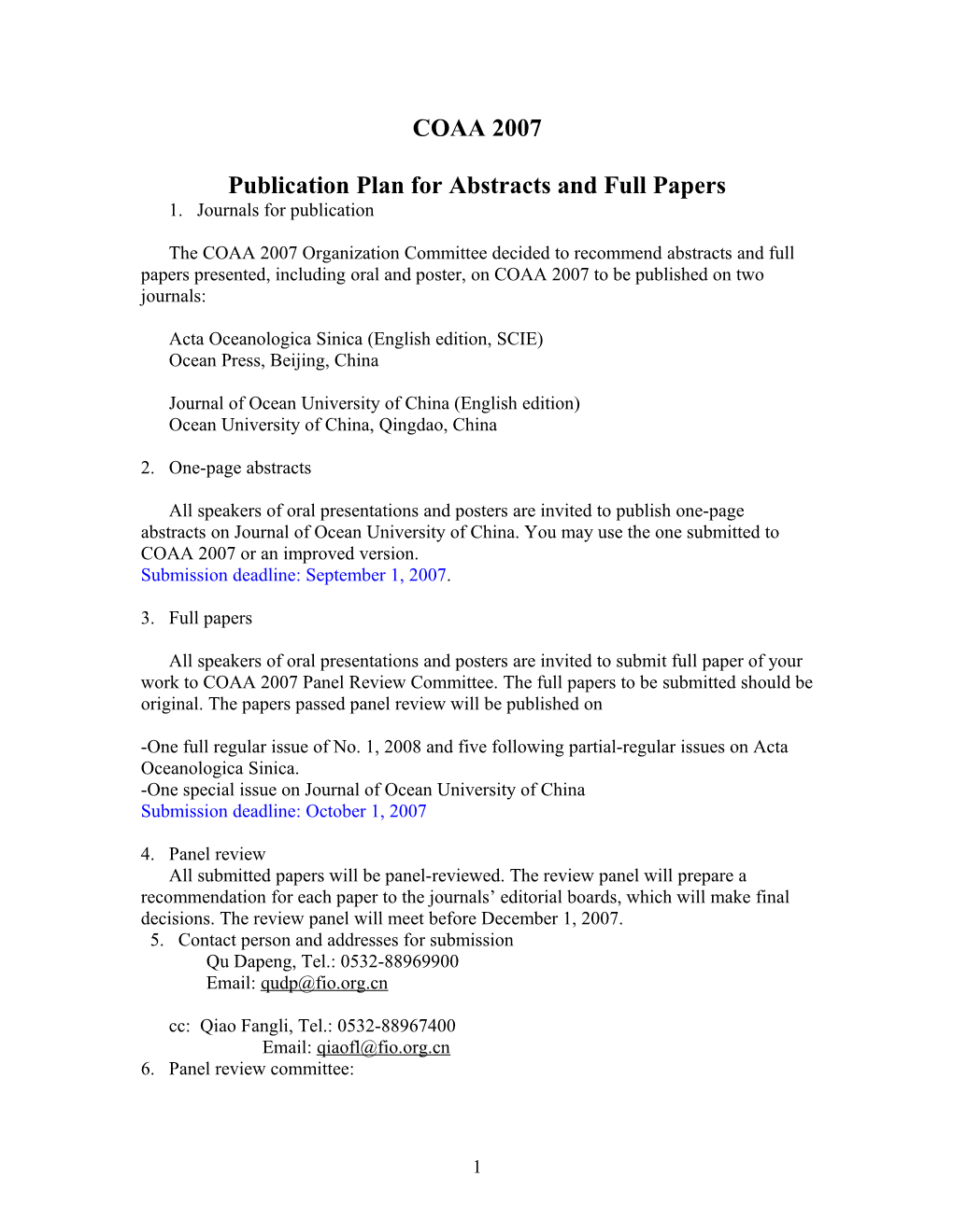 Publication Plan for Abstracts and Full Papers of COAA 2007