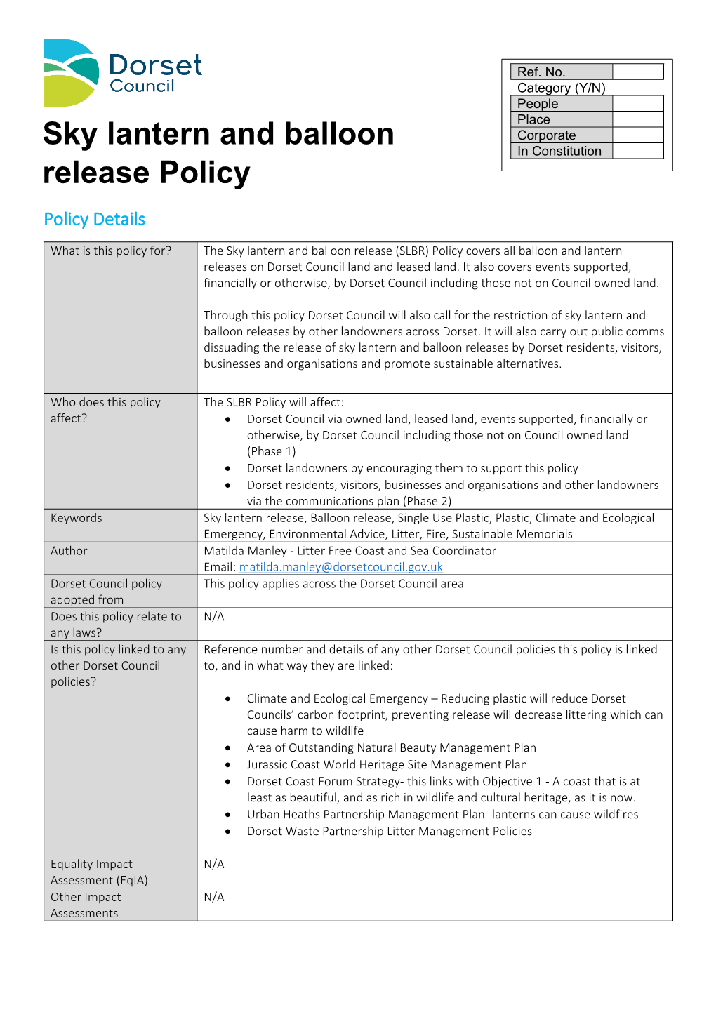 Sky Lantern and Balloon Release Policy