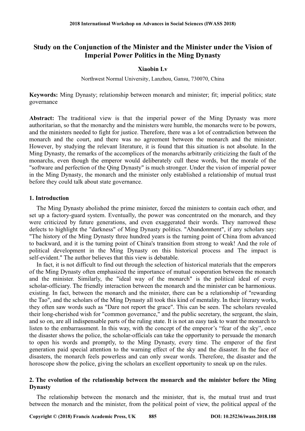 Study on the Conjunction of the Minister and the Minister Under the Vision of Imperial Power Politics in the Ming Dynasty