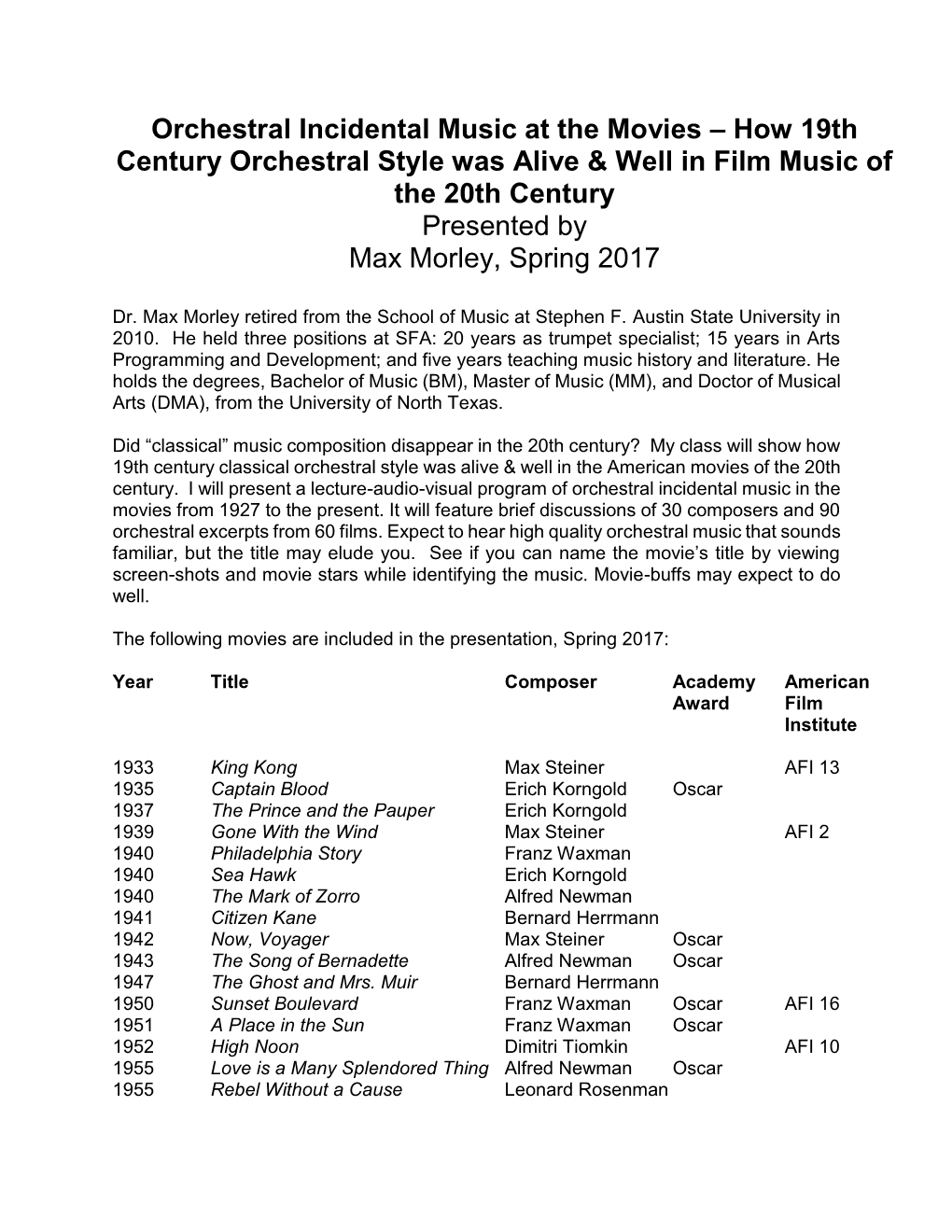 Orchestral Incidental Music at the Movies – How 19Th Century Orchestral Style Was Alive & Well in Film Music of the 20Th Century Presented by Max Morley, Spring 2017