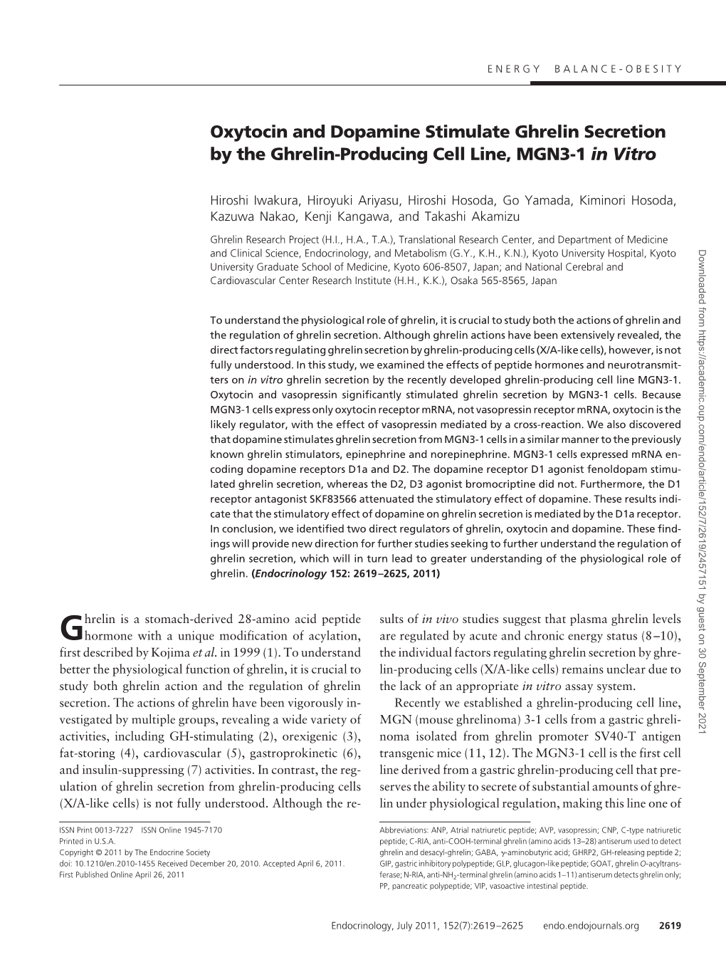 Oxytocin and Dopamine Stimulate Ghrelin Secretion by the Ghrelin-Producing Cell Line, MGN3-1 in Vitro