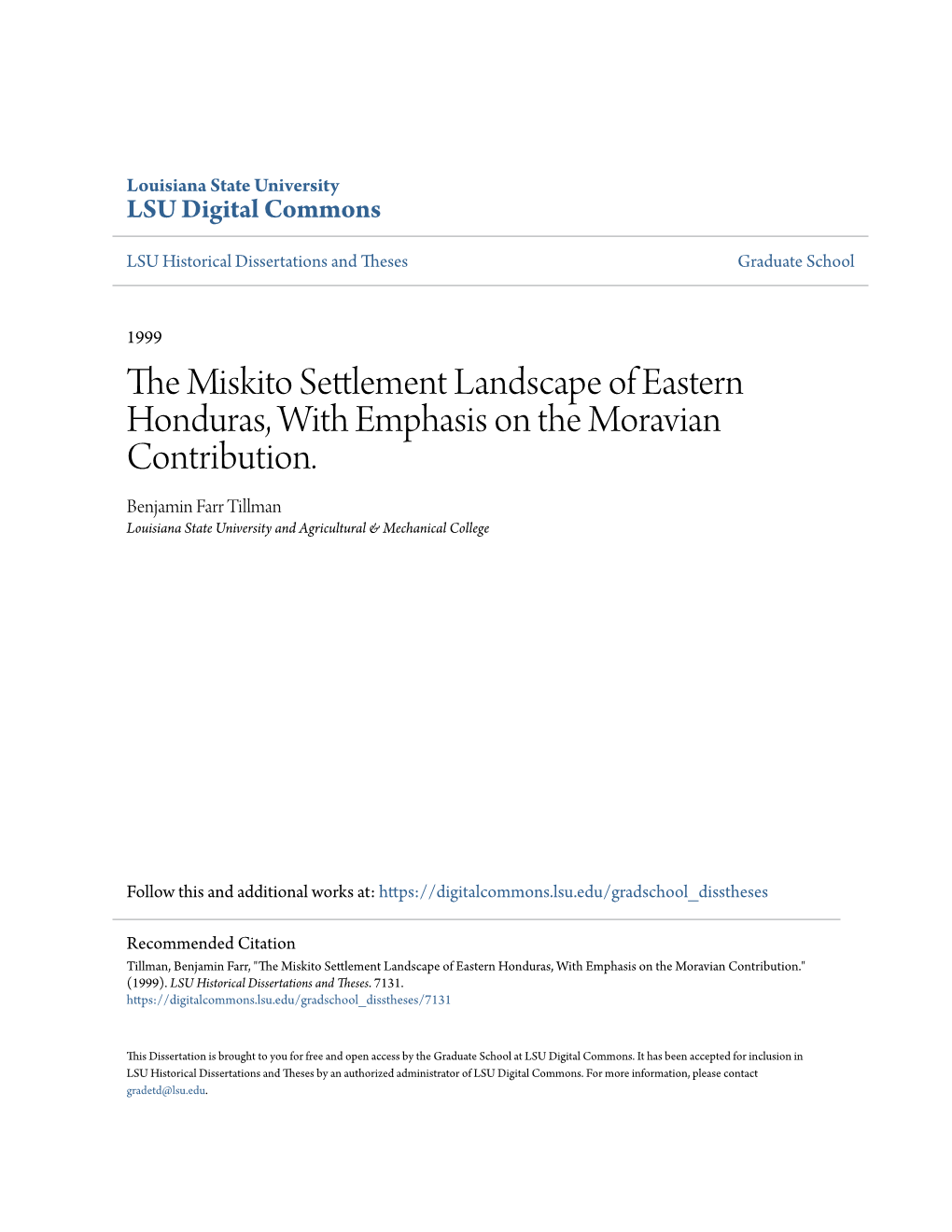 The Miskito Settlement Landscape of Eastern Honduras, with Emphasis on the Moravian Contribution