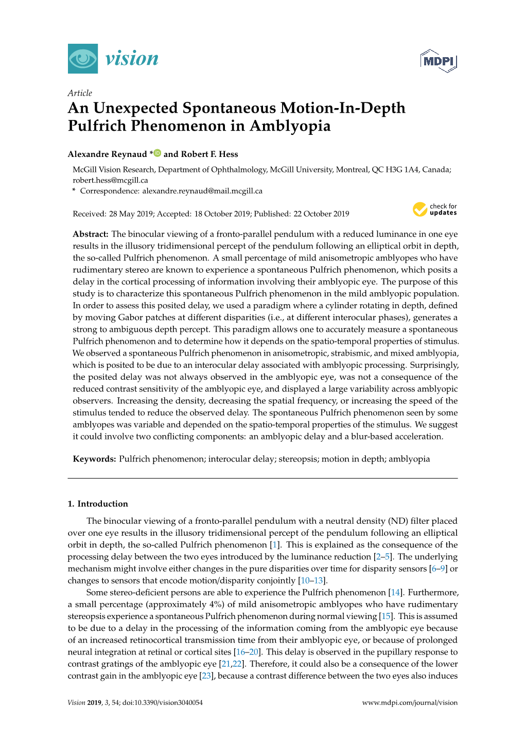 An Unexpected Spontaneous Motion-In-Depth Pulfrich Phenomenon in Amblyopia