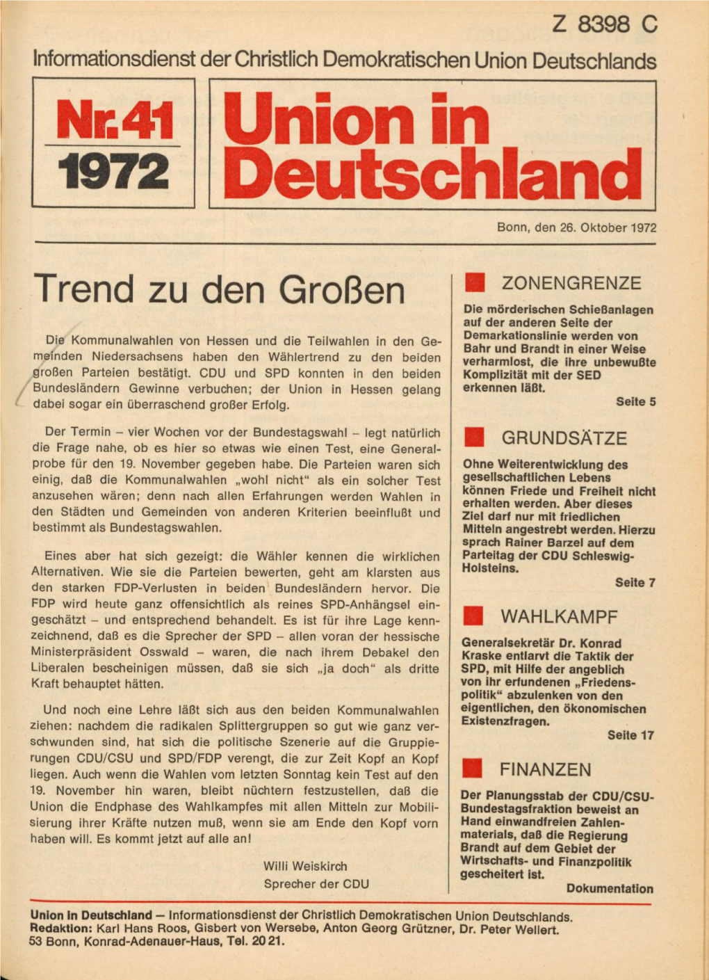 UID 1972 Nr. 41, Union in Deutschland