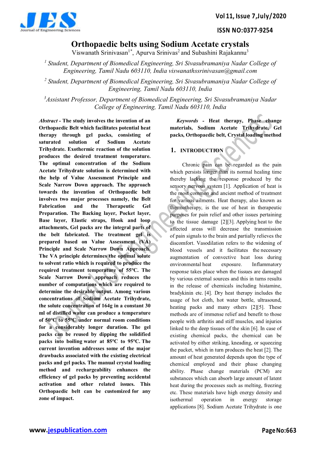 Orthopaedic Belts Using Sodium Acetate Crystals Viswanath Srinivasan1*, Apurva Srinivas2 and Subashini Rajakannu3