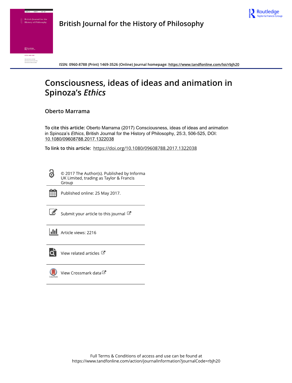 Consciousness, Ideas of Ideas and Animation in Spinoza's Ethics