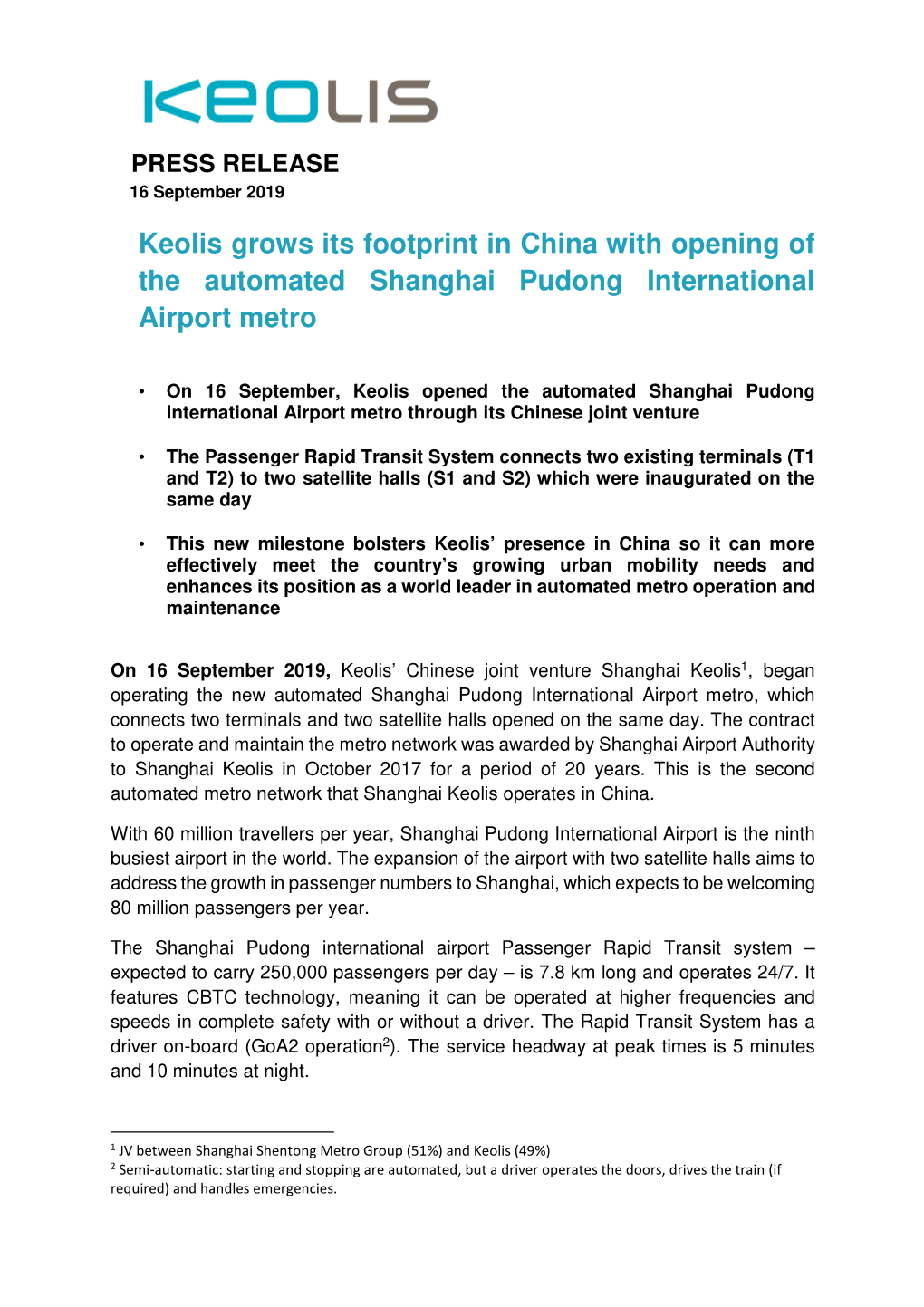 PR Keolis Opens Pudong APM Sept. 16 2019