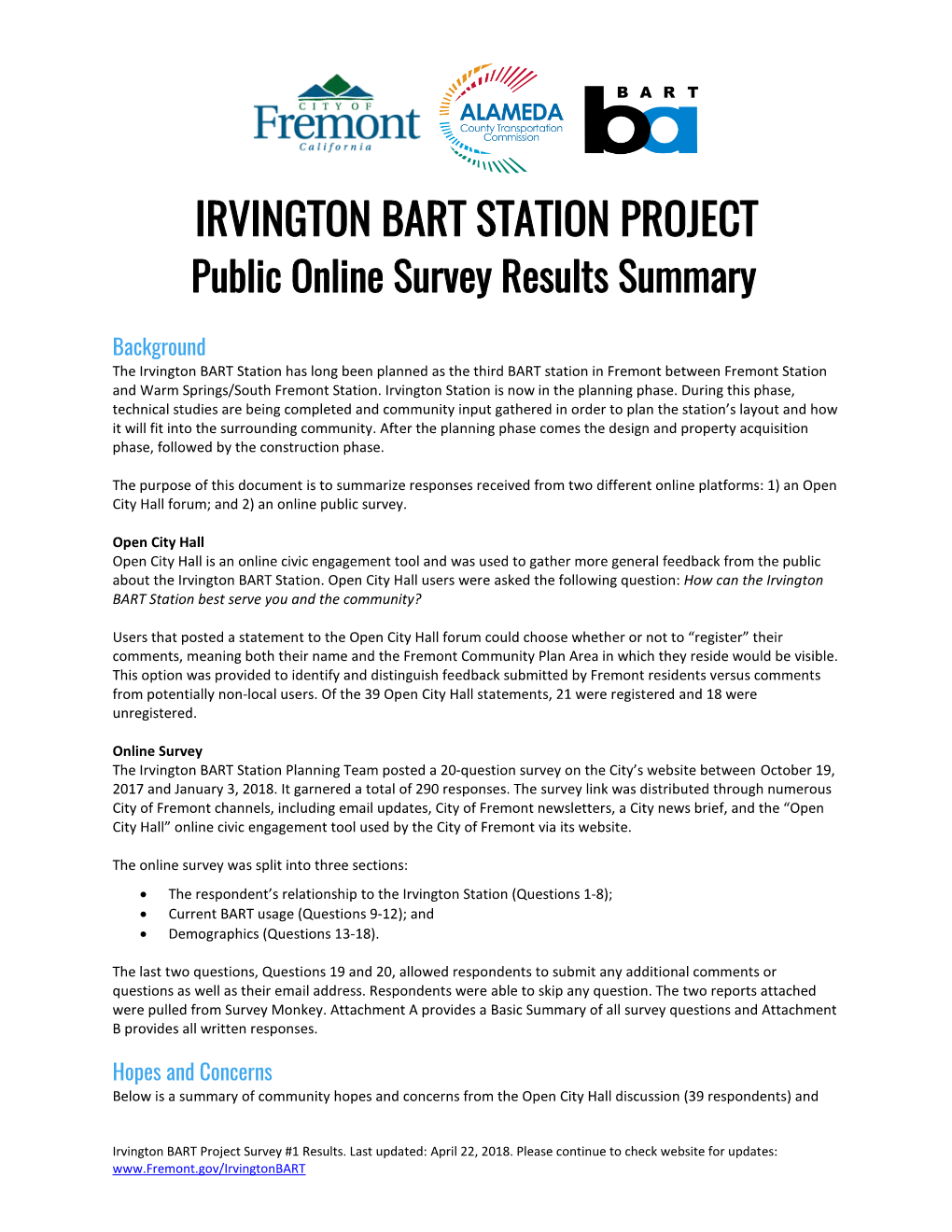 IRVINGTON BART STATION PROJECT Public Online Survey Results Summary