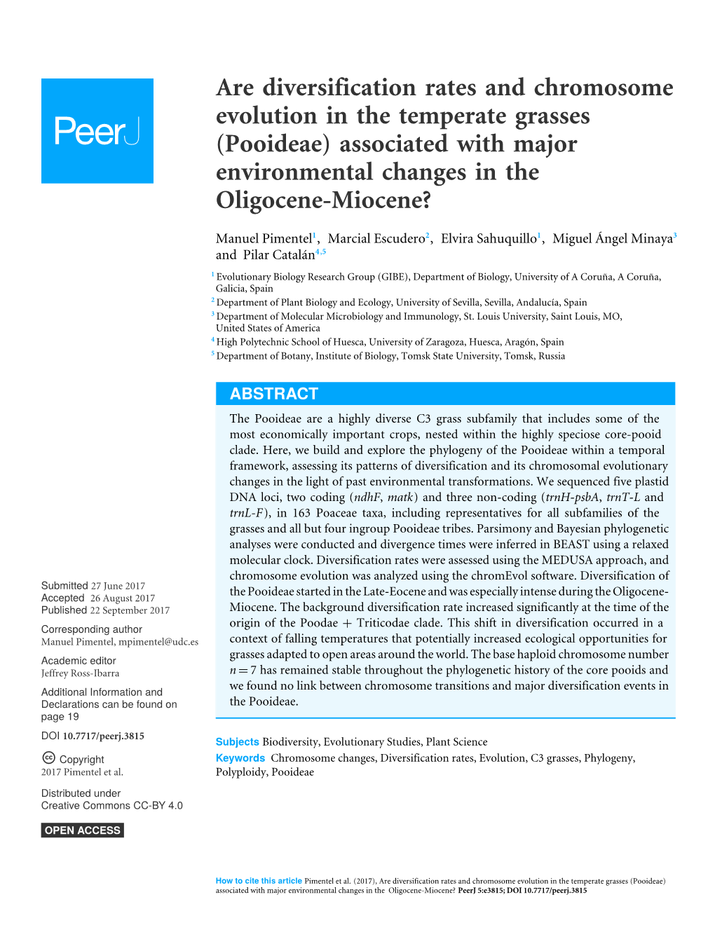 Are Diversification Rates and Chromosome Evolution in the Temperate Grasses (Pooideae) Associated with Major Environmental Changes in the Oligocene-Miocene?