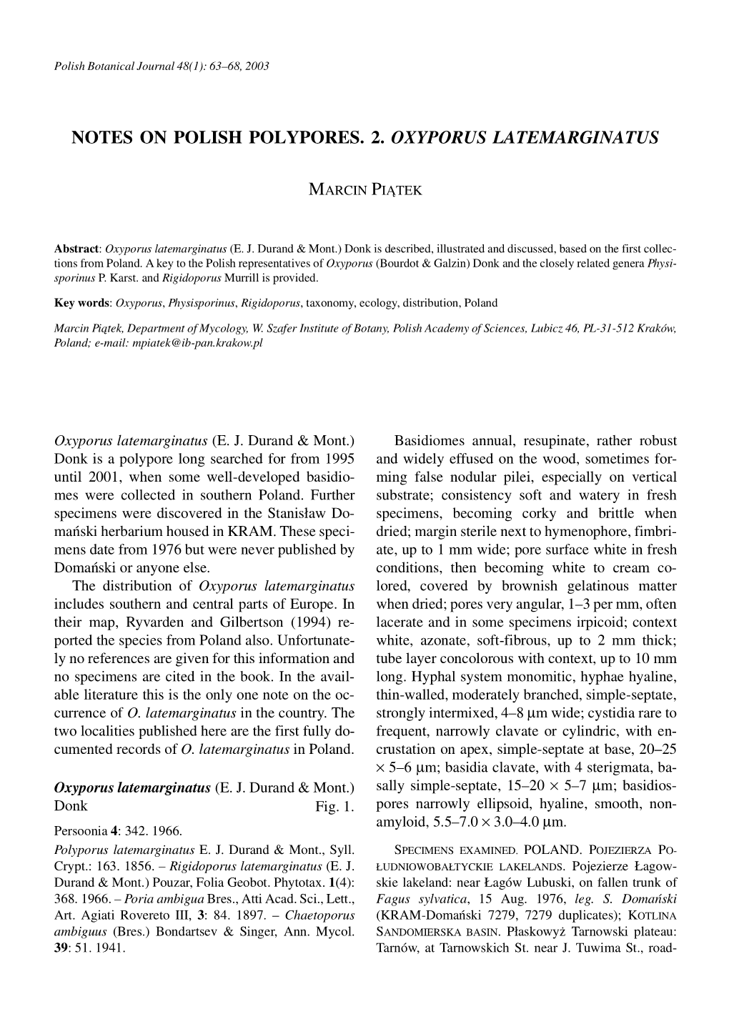 Notes on Polish Polypores. 2. Oxyporus Latemarginatus