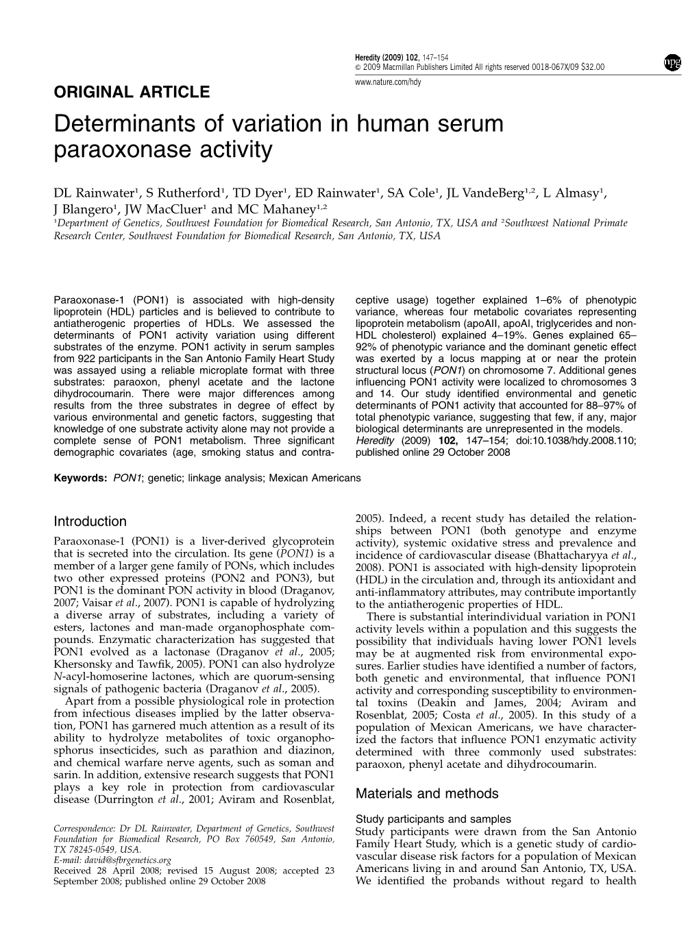 Determinants of Variation in Human Serum Paraoxonase Activity