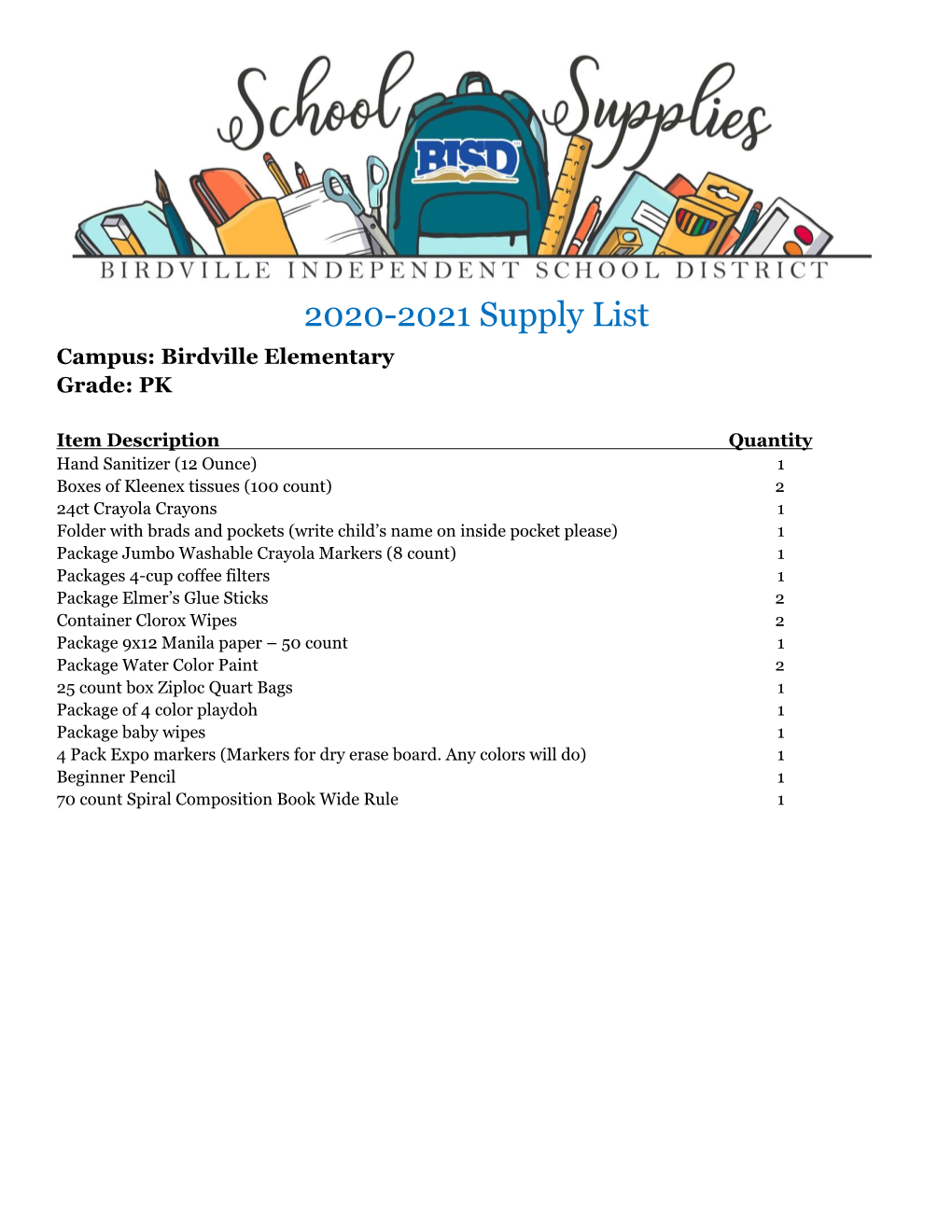 BISD School Supplies List