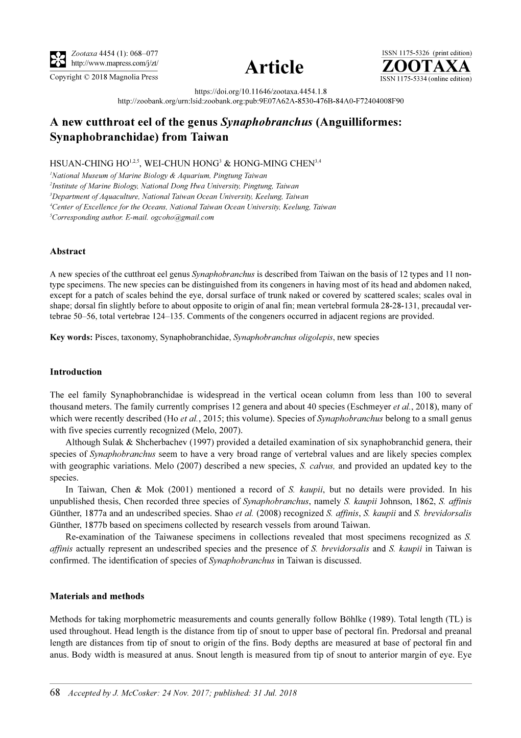 A New Cutthroat Eel of the Genus Synaphobranchus (Anguilliformes: Synaphobranchidae) from Taiwan