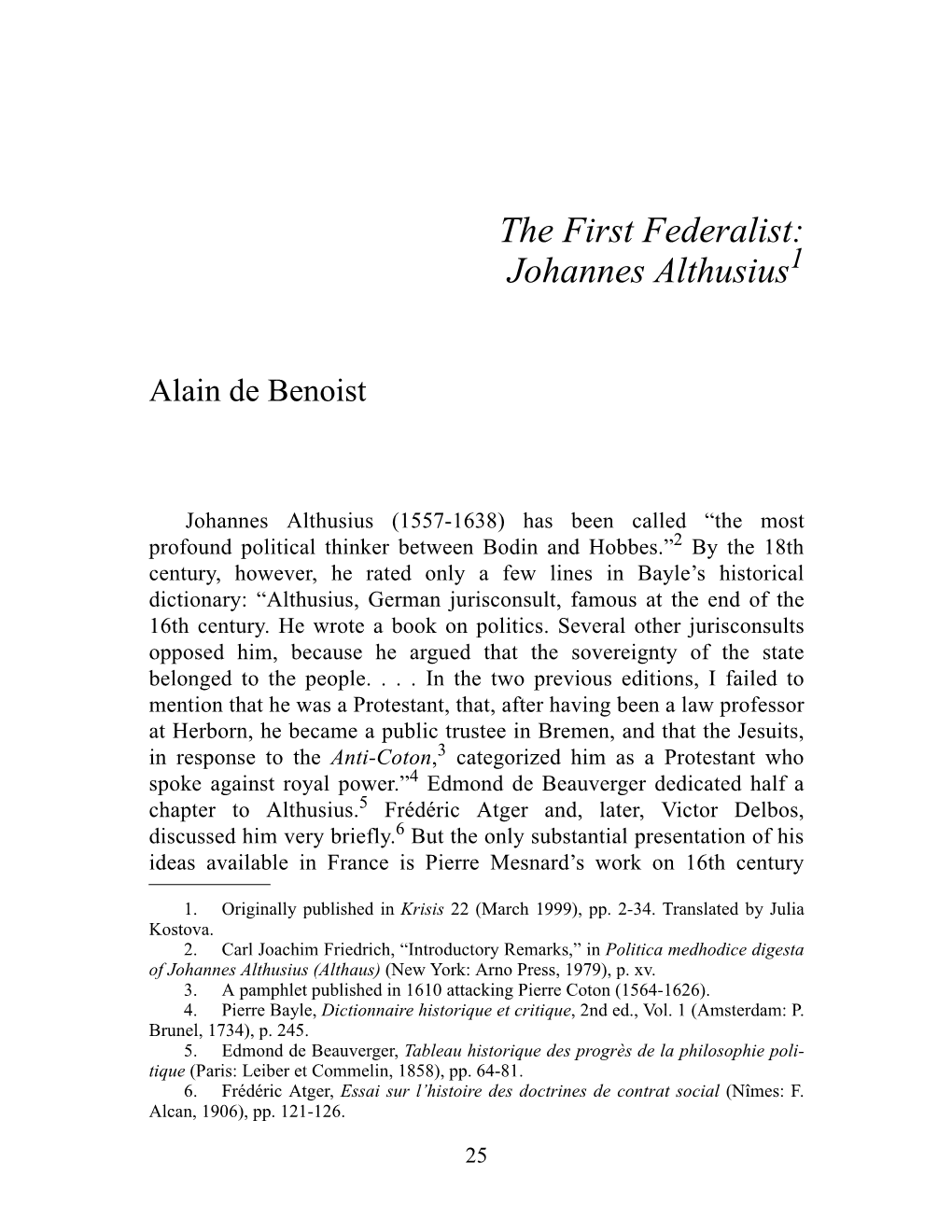The First Federalist: Johannes Althusius1
